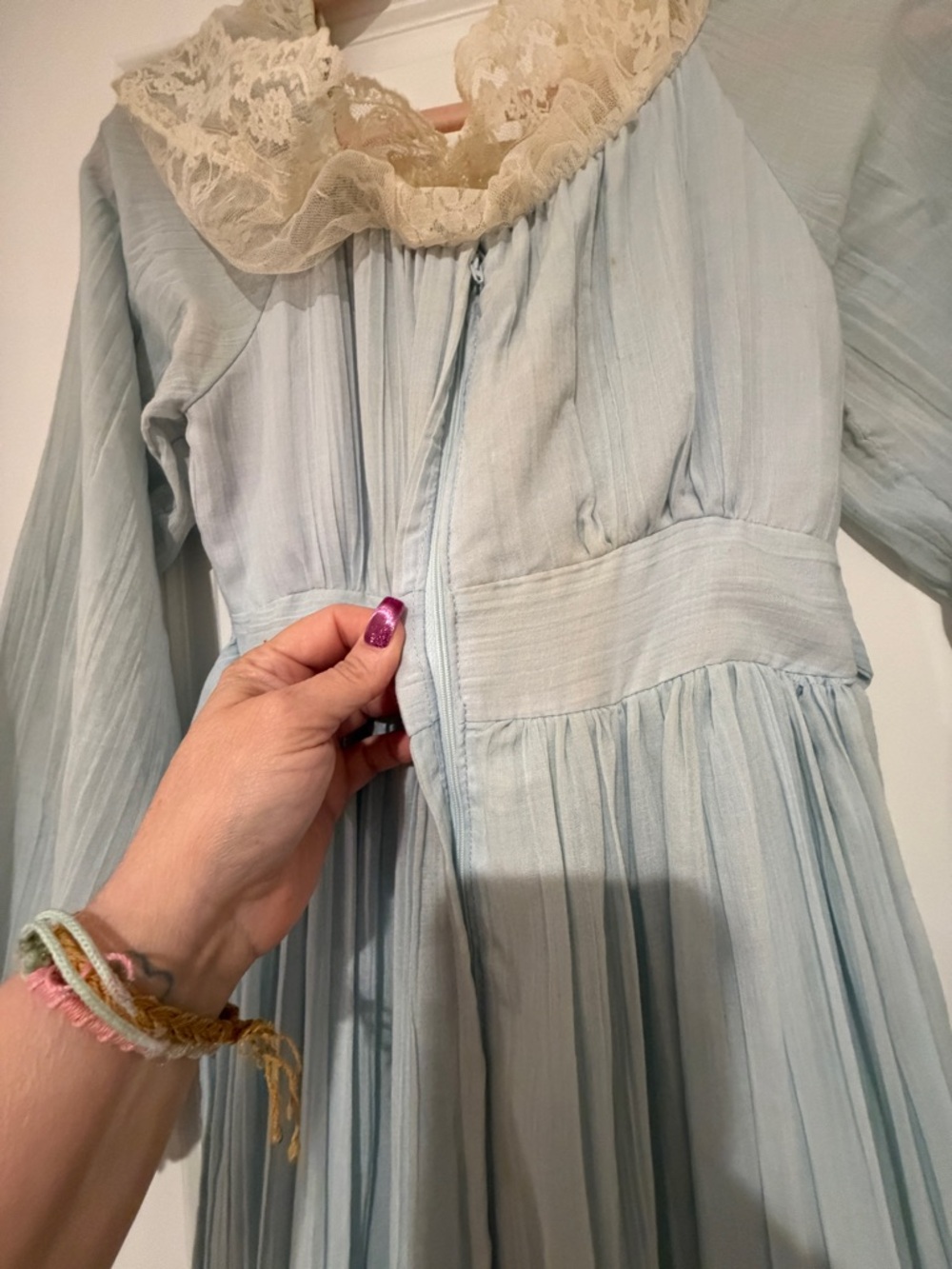 VINTAGE GUNNE SAX LIGHT BLUE PRAIRIE MAXI DRESS LACE BOHO COTTAGECORE WEDDING - Picture 10 of 16